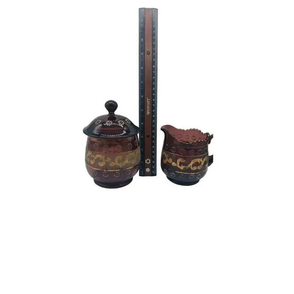 Antique Victorian Purple Glass Panel Gold Scrollwork Creamer & Sugar​​ - Picture 10 of 13